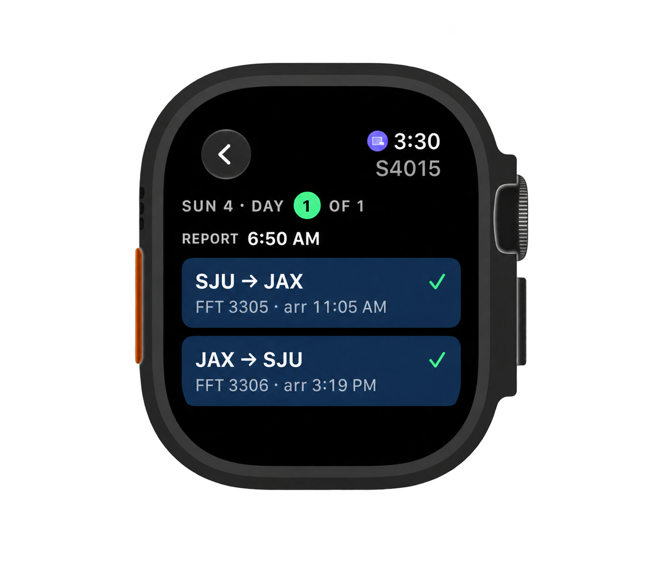 Crewline pairing overview with SJU to JAX and JAX to SJU legs on Apple Watch