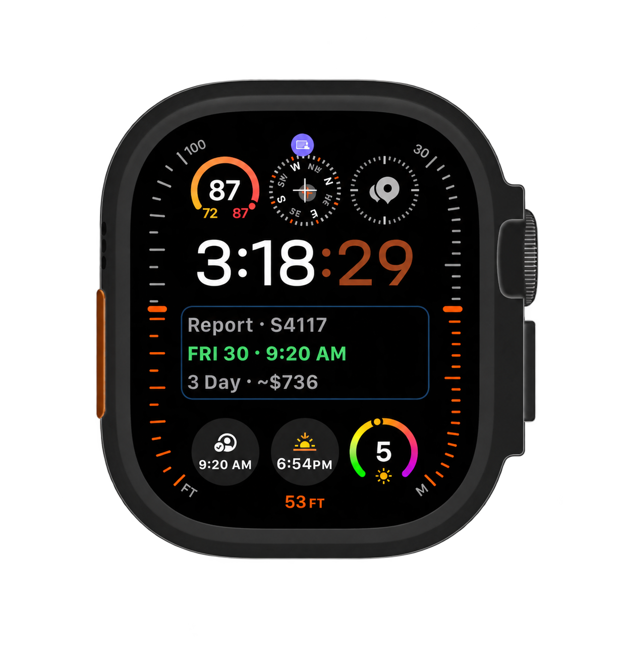 Crewline next report complication on an Apple Watch face