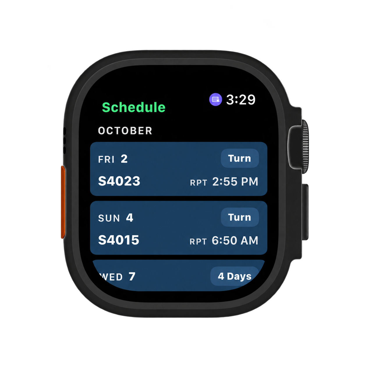 Crewline monthly schedule list on Apple Watch