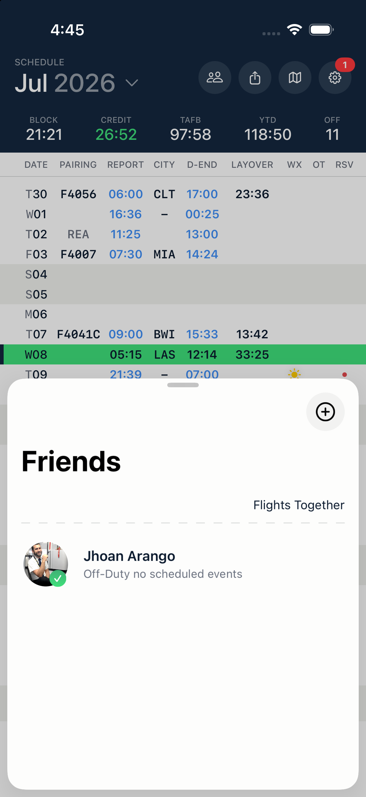Crewline friends and shared schedules