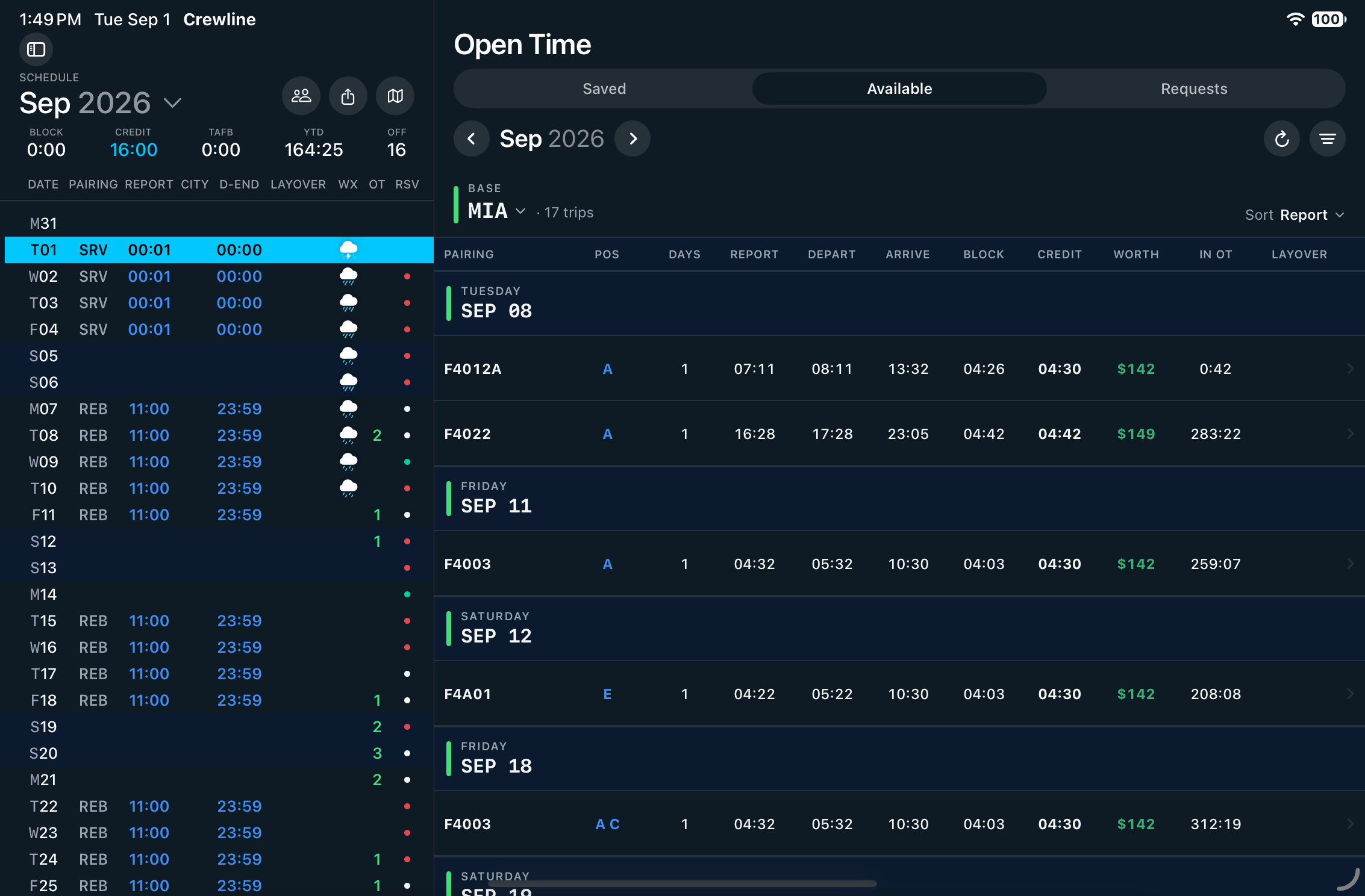 Crewline on iPad with Schedule and Open Time side by side