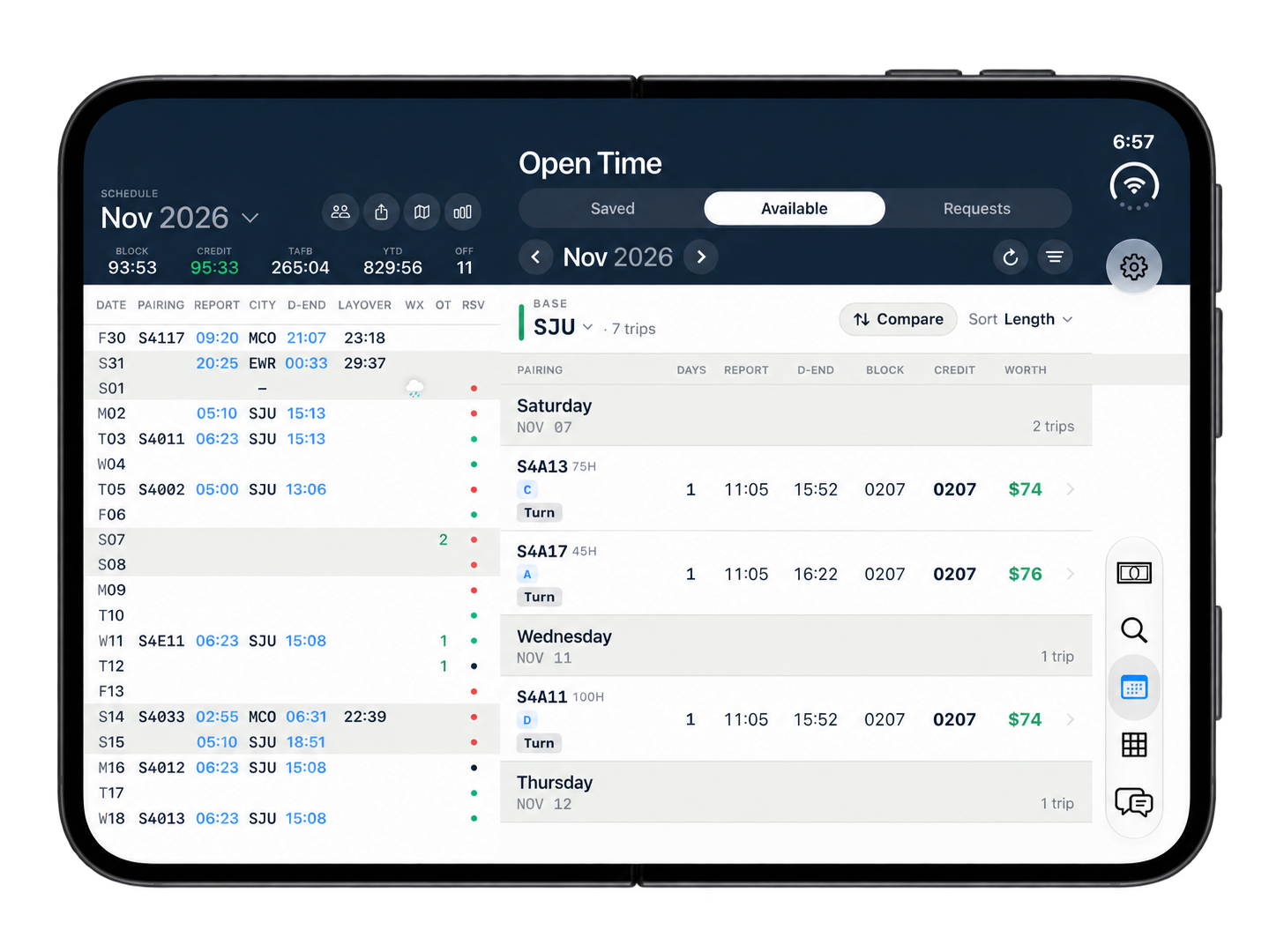 Crewline Schedule and Open Time side by side on an unfolded iPhone Duo
