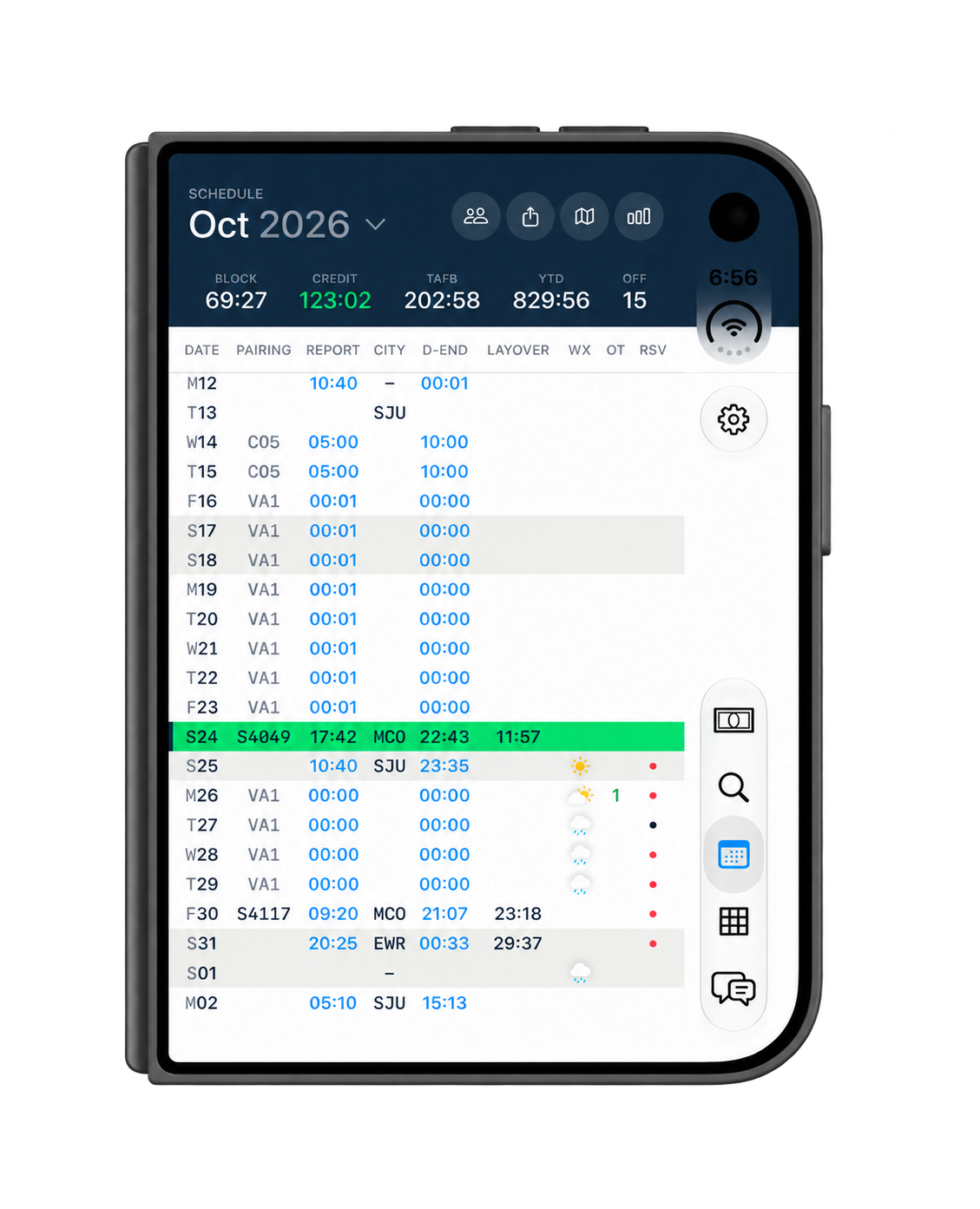 Crewline monthly schedule on iPhone Duo in a compact posture