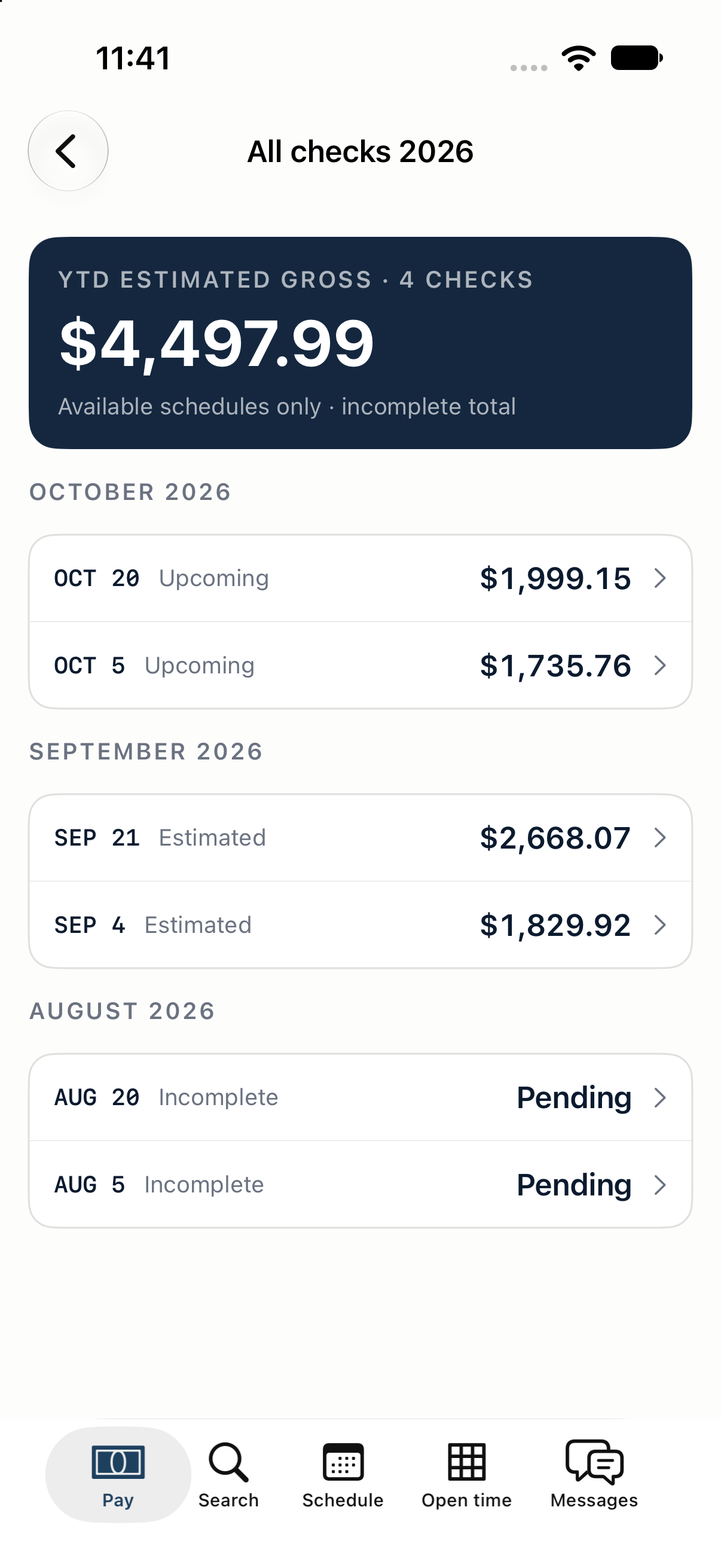 Crewline yearly list of estimated paychecks