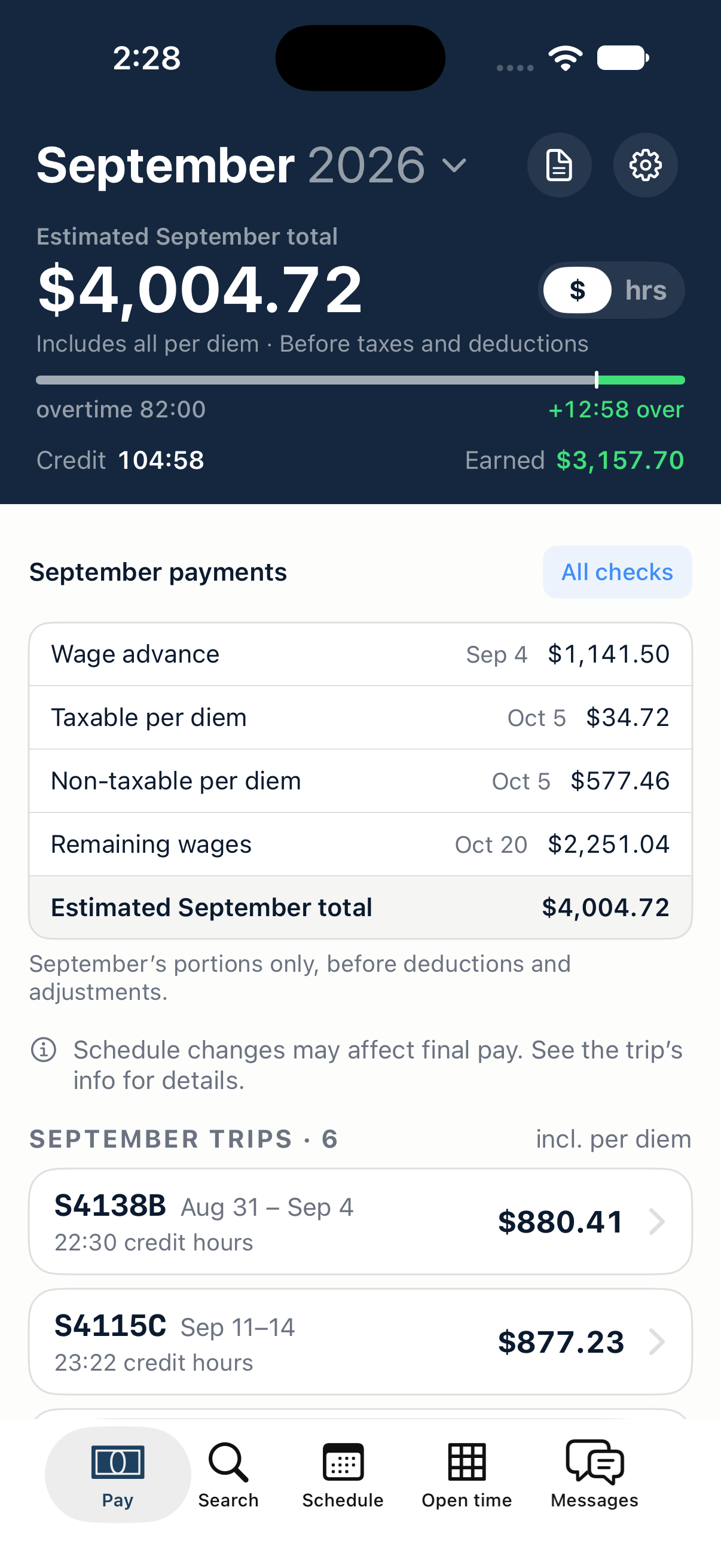 Crewline pay estimate for a Frontier flight attendant