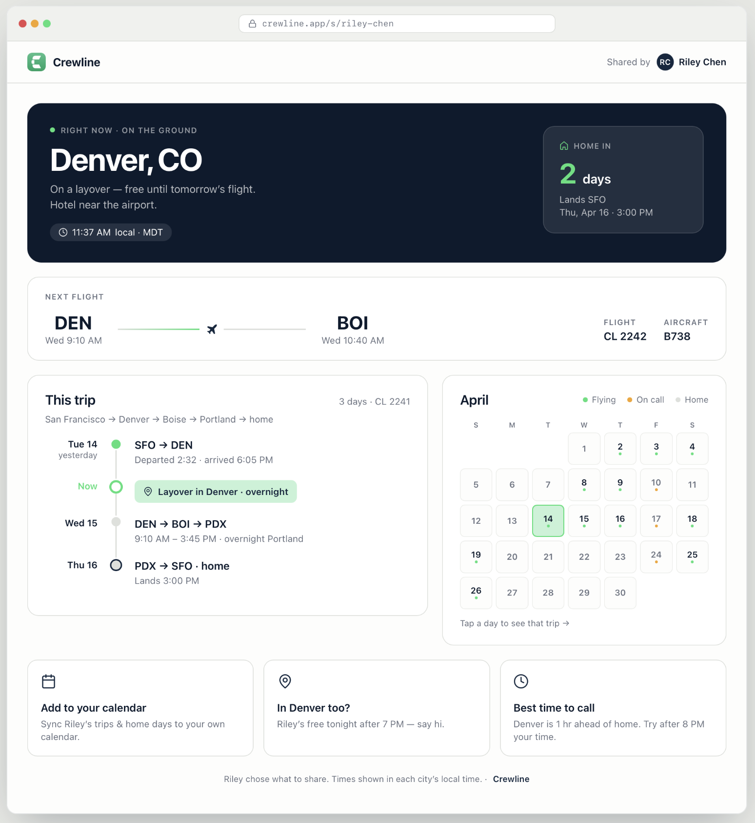 Crewline shared schedule web view for friends and family