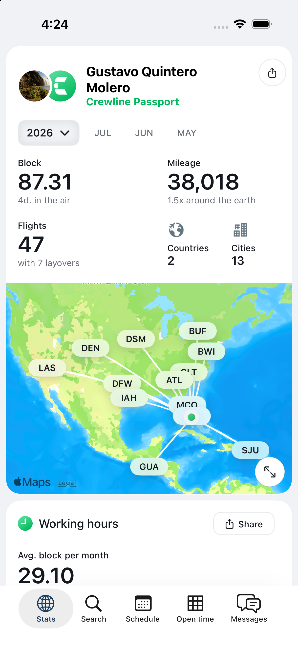 Crewline stats and Passport map